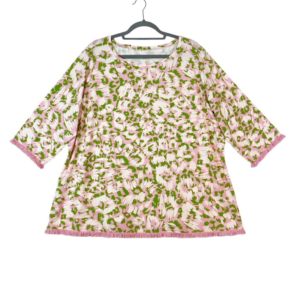 Belle Kim Gravel TripleLuxe Knit Fierce w/ Fringe‎ Top Women's 2X Pink Green